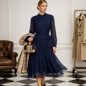 Burberry Prorsum Navy & Black Stripe Wool Silk Midi Dress – Made in Italy Size 2